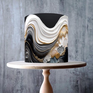Emballage comestible abstrait motif marbre noir, blanc et or autour de gâteau, feuille de glaçage, carte gaufrette, emballage de gâteau, impressions comestibles
