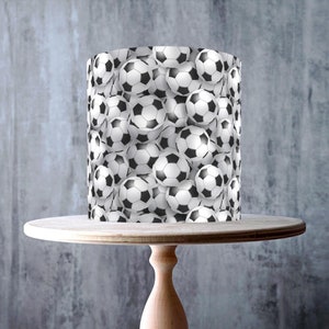 Motif ballons de football noir et blanc sans couture, enveloppement de football autour de gâteau comestible, feuille de glaçage, carte gaufrette, emballage de gâteau, impressions comestibles