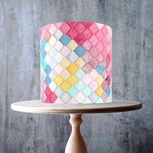 Mosaïque colorée, emballage comestible à motif de carreaux en forme de losange autour d'un gâteau, feuille de glaçage, carte WAFER, emballage de gâteau, impressions comestibles