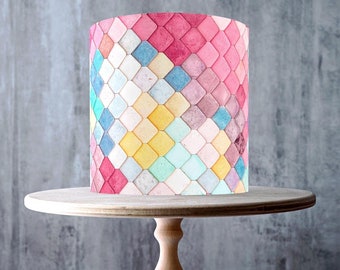 Colourful Mosaic Edible Cake Topper – Diamond Tile Pattern Wrap - ICING or WAFER