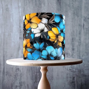Encre à l'alcool Fleurs jaunes, bleues et blanches sans couture Wrap floral autour de gâteau comestible, feuille de glaçage, carte de gaufrette, emballage de gâteau, impressions comestibles