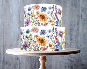 Wild Meadow Flowers Watercolour floral cake ribbon border edible topper, ICING sheet, WAFER card, Cake Wrap, Edible Prints