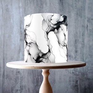 Zwart-witte inktwerveling ontwerp eetbare wrap around taarttopper, glazuurvel, WAFER-kaart, taartomslag, eetbare prints