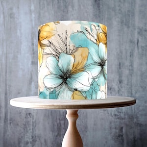 Grande topper de bolo comestível sem costura com flores azuis-petróleo e amarelas, folha de glacê, cartão de bolacha, envoltório de bolo, impressões comestíveis