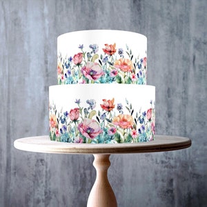 Wilde bloemen aquarel bloemen taart lint rand eetbare topper, roze oranje blauwe bloemen glazuur blad, WAFER-kaart, taartomslag, eetbare prints
