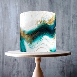 Enveloppe comestible enveloppante bleu sarcelle et or inspirée des vagues de l'océan, feuille de glaçage, carte gaufrette, emballage de gâteau, impressions comestibles