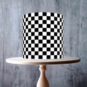 Schwarz und weiße Schachbrett Muster / Rennsport Thema Design essbare Wrap-Around Kuchen Topper, I CING Blatt, WAFER Karte, Cake Wrap, essbare Drucke