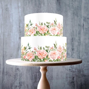 Zachtroze rozen aquarel naadloze bloemen taart lint rand eetbare topper, glazuurvel, WAFER kaart, taartomslag, eetbare prints