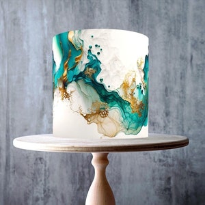Decorazione per torta commestibile con motivo a onde verde e oro acquerello astratto, foglio di GLASSA, carta WAFER, involucro per torta, stampe commestibili