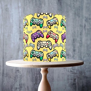 Sur le thème de la manette de jeu, décoration de gâteau enveloppante sans couture de jeu, feuille de glaçage, carte gaufrette, emballage de gâteau, impressions comestibles d'anniversaire