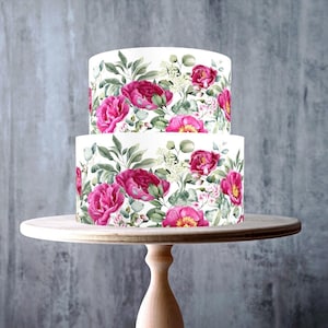 Fita de bolo floral sem costura aquarela de peônias rosa, topper comestível, folha de glacê, cartão de wafer, envoltório de bolo, impressões comestíveis
