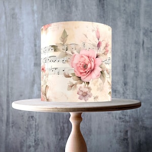 Shabby Chic Floral Edible Cake Topper – Peony Musical Notes Wrap - ICING or WAFER