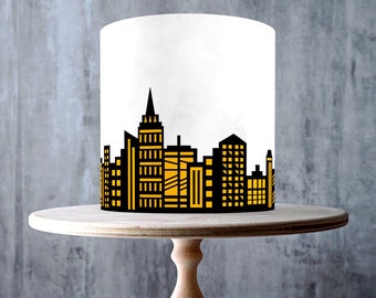 Superhero City Skyline Edible Cake Toppers – Black Yellow Birthday Design - ICING or WAFER