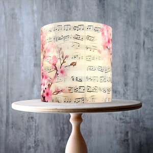 Adorno comestible para tarta con notas musicales de flor de cerezo – Envoltorio floral vintage – Glaseado o oblea