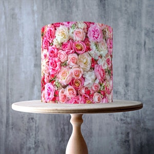 Pink Roses Edible Cake Topper – Floral Garden Design Wrap - ICING or WAFER