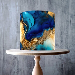 Navy Sapphire Gold Marble Edible Cake Topper – Fantasy Alcohol Ink Wrap - ICING or WAFER