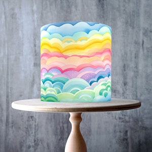 Eetbare taarttopper met aquarel regenboog – kleurrijke pastelkleurige bewolkte hemel ontwerp wrap - GLANS of WAFELTJE