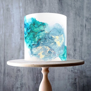 Turquoise White Marble Edible Cake Topper – Abstract Ink Pattern Design Wrap - ICING or WAFER