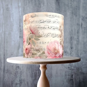 Adorno comestible para tartas estilo shabby chic con flores y notas musicales de peonía - Glaseado o oblea