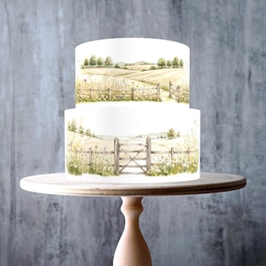 Rustic Countryside Meadow Edible Cake Ribbon – Wooden Gate Watercolour Landscape Border - ICING or WAFER