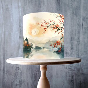 Japanese Watercolour Autumn Edible Cake Wrap – Landscape Pagoda & Maple Leaf Topper - ICING or WAFER
