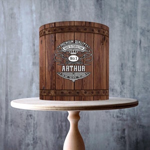 Emballage personnalisé motif tonneau de whisky en bois marron foncé autour de la décoration comestible, feuille de glaçage, carte gaufrette, emballage de gâteau, impressions comestibles
