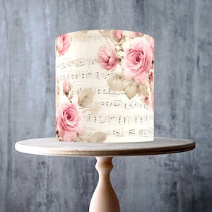 Shabby Chic Floral Edible Cake Topper – Roses Musical Notes Design Wrap - ICING or WAFER