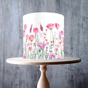 Pink Meadow Edible Cake Topper – Watercolour Floral Wrap - ICING or WAFER