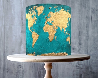 Teal Gold World Map Edible Cake Topper – Luxury Travel-Themed Design Wrap - ICING or WAFER