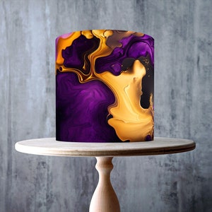 Royal Purple Gold Edible Cake Topper – Fantasy Ink Marble Pattern Wrap - ICING or WAFER