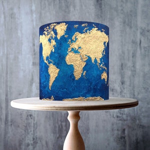 Blue Gold World Map Edible Cake Topper – Elegant Travel Design Wrap - ICING or WAFER
