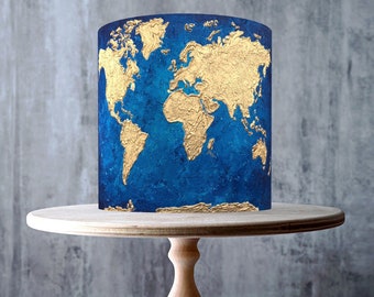Blue Gold World Map Edible Cake Topper – Elegant Travel Design Wrap - ICING or WAFER