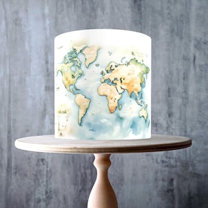 Watercolour Travel Map Edible Cake Topper – Vintage Adventure Design Wrap - ICING or WAFER