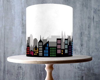 Superhero City Skyline Edible Cake Toppers – 3D Effect Birthday Design - ICING or WAFER