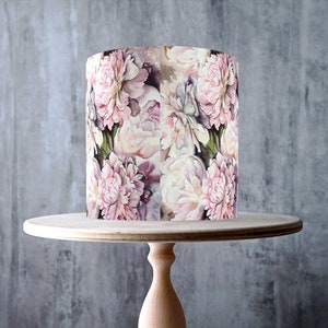White Peony Edible Cake Topper – Pink Floral Watercolour Flower Design Wrap - ICING or WAFER