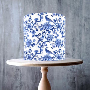 Blue Chinoiserie Bird Floral Edible Cake Topper – Seamless Elegant Porcelain Wrap - ICING or WAFER