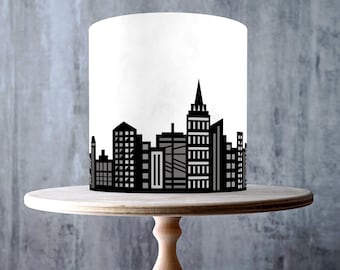 Superhero City Skyline Edible Cake Toppers – Black Grey Birthday Design Wrap - ICING or WAFER