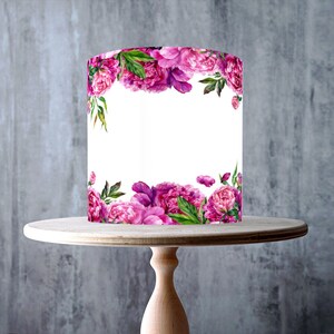 Pink Flowers Edible Cake Topper – Peony Floral Border Frame Design Wrap - ICING or WAFER