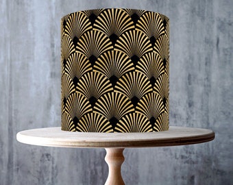 Art Deco Fan Pattern Edible Cake Topper – Seamless Luxury Black-Gold Wrap - ICING or WAFER