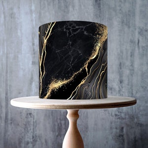 Black Gold Vein Marble Edible Cake Topper – Elegant Luxury Pattern Wrap - ICING or WAFER