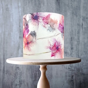 Watercolour Flowers Edible Cake Topper – Pink Purple Floral Design Wrap - ICING or WAFER