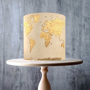 Beige Gold World Map Edible Cake Topper – Luxury Travel Theme Wrap - ICING or WAFER