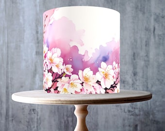 Sakura Cherry Blossom Edible Cake Topper – Watercolour Floral Design Wrap - ICING or WAFER