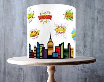 Superhero Comic Edible Cake Toppers – Speech Bubbles Skyline Cut-Outs - ICING or WAFER