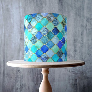 Jade Moroccan Tile Edible Cake Topper – Blue Aqua Patterned Tile Wrap - ICING or WAFER