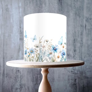 Blue Wildflower Meadow Edible Cake Topper – Watercolour Floral Butterfly Wrap - ICING or WAFER