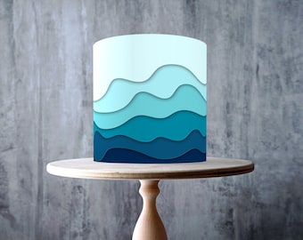 Wave Cake in Ocean Blue wrap around edible cake topper, ICING sheet, WAFER card, Cake Wrap, Edible Prints