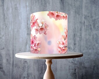 Sakura cherry blossom floral Watercolour wrap around edible cake topper, ICING sheet, WAFER card, Cake Wrap, Edible Prints