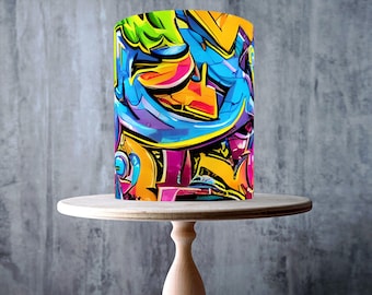 Panoramic colourful graffiti wrap around edible cake topper, ICING sheet, WAFER card, Cake Wrap, Edible Prints