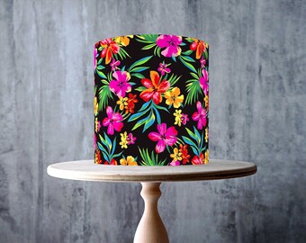 Vivid Tropical Flowers on Black wrap around edible cake topper, ICING sheet, WAFER card, Cake Wrap, Edible Prints